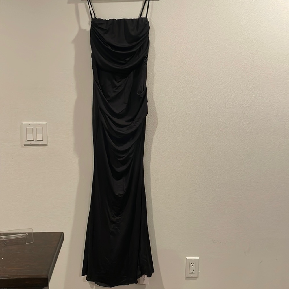 NWT, black fishtail style maxi length prom dress adjustable straps